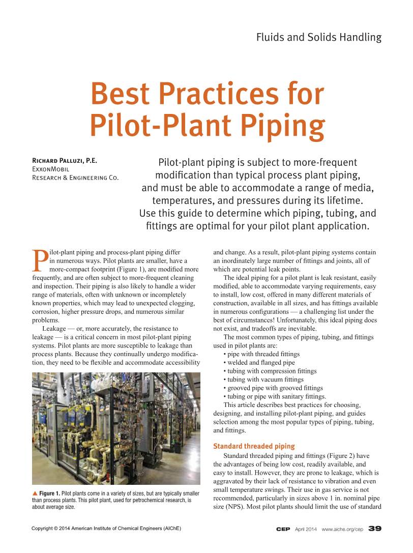 Best Practices for Pilot-Plant Piping