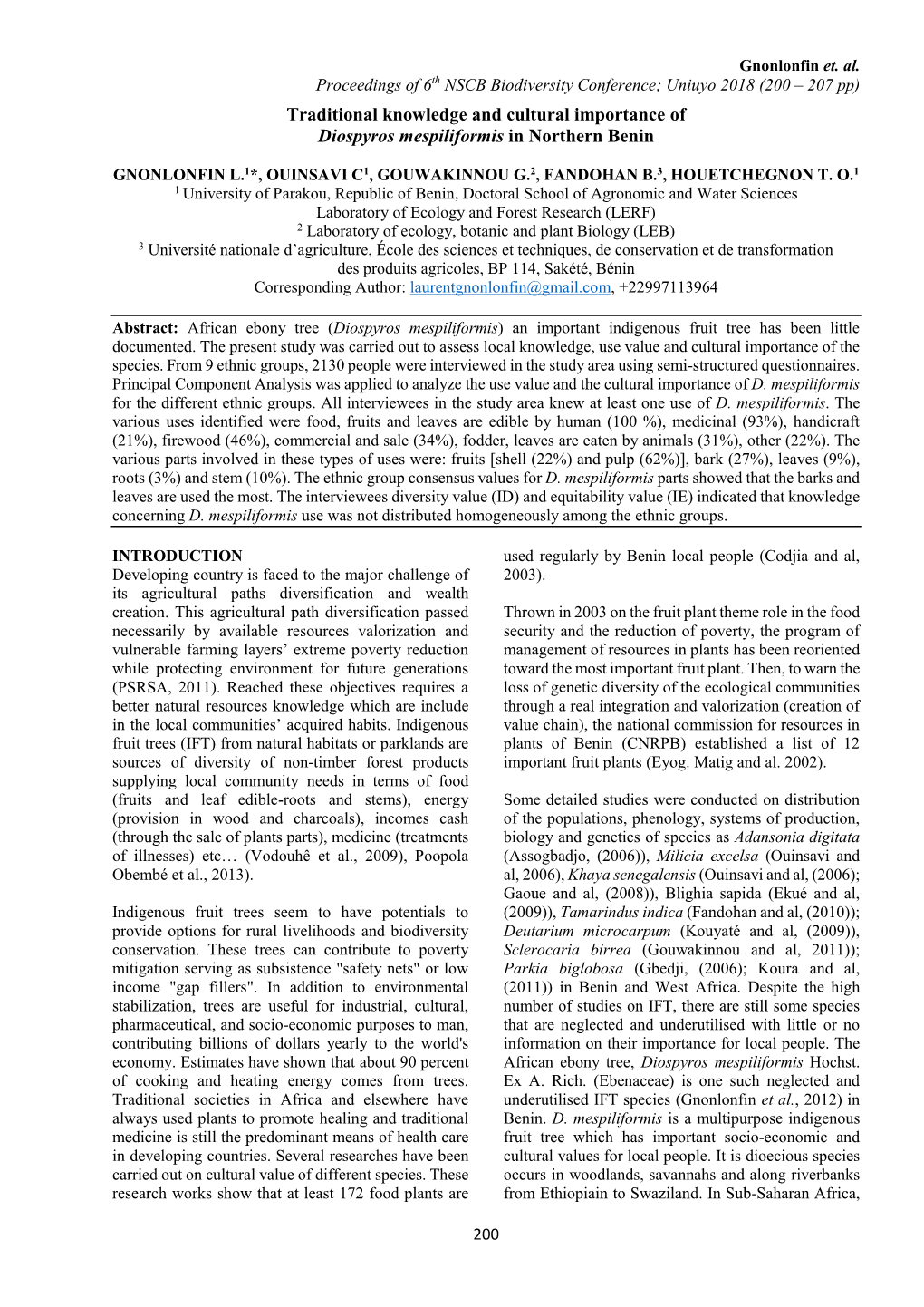 Traditional Knowledge and Cultural Importance of Diospyros Mespiliformis in Northern Benin