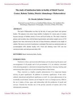 The Study of Satisfaction Index in Facility of Shirdi Tourist Center, Rahata Taluka, District Ahmednagr (Maharashtra)