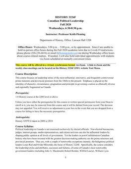 HISTORY 3226F Canadian Political Leadership Fall 2020 Wednesdays, 6:30-8:30 P.M