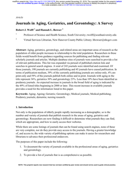 Journals in Aging, Geriatrics, and Gerontology: a Survey