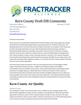 Kern County Draft EIR Comments Fractracker Alliance February 11, 2021 2351 Moody Ridge Road Alta, CA 95701 415-890-3722 Ferrar@Fractracker.Org