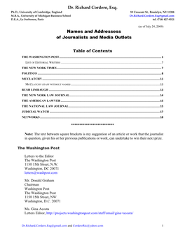 Dr. Richard Cordero, Esq. Names and Addressess of Journalists And