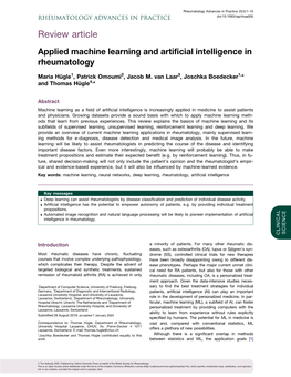 Review Article Applied Machine Learning and Artificial Intelligence in Rheumatology