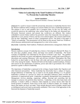 Values in Leadership in the Tamil Tradition of Tirukkural Vs. Present-Day Leadership Theories