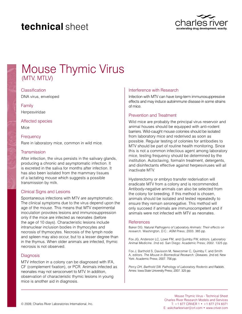 Mouse Thymic Virus (MTV, MTLV) | Charles River Research Animal