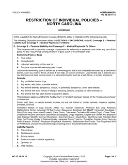Restriction of Individual Policies – North Carolina