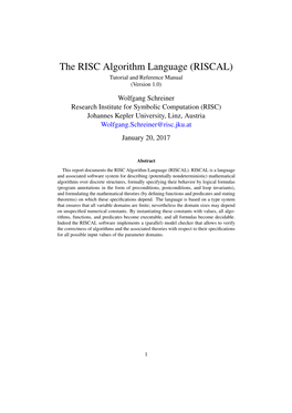 The RISC Algorithm Language (RISCAL) Tutorial and Reference Manual (Version 1.0)