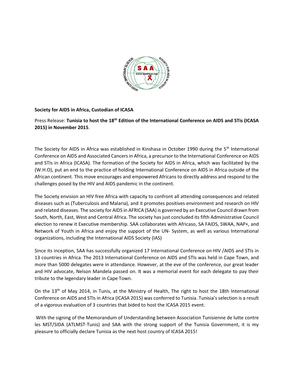 Society for AIDS in Africa, Custodian of ICASA Press Release: Tunisia To