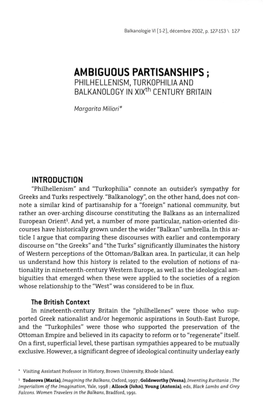 AMBIGUOUS PARTISANSHIPS; PHILHELLENISM, TURKOPHILIA and BALKANOLOGY in Xixth CENTURY BRITAIN