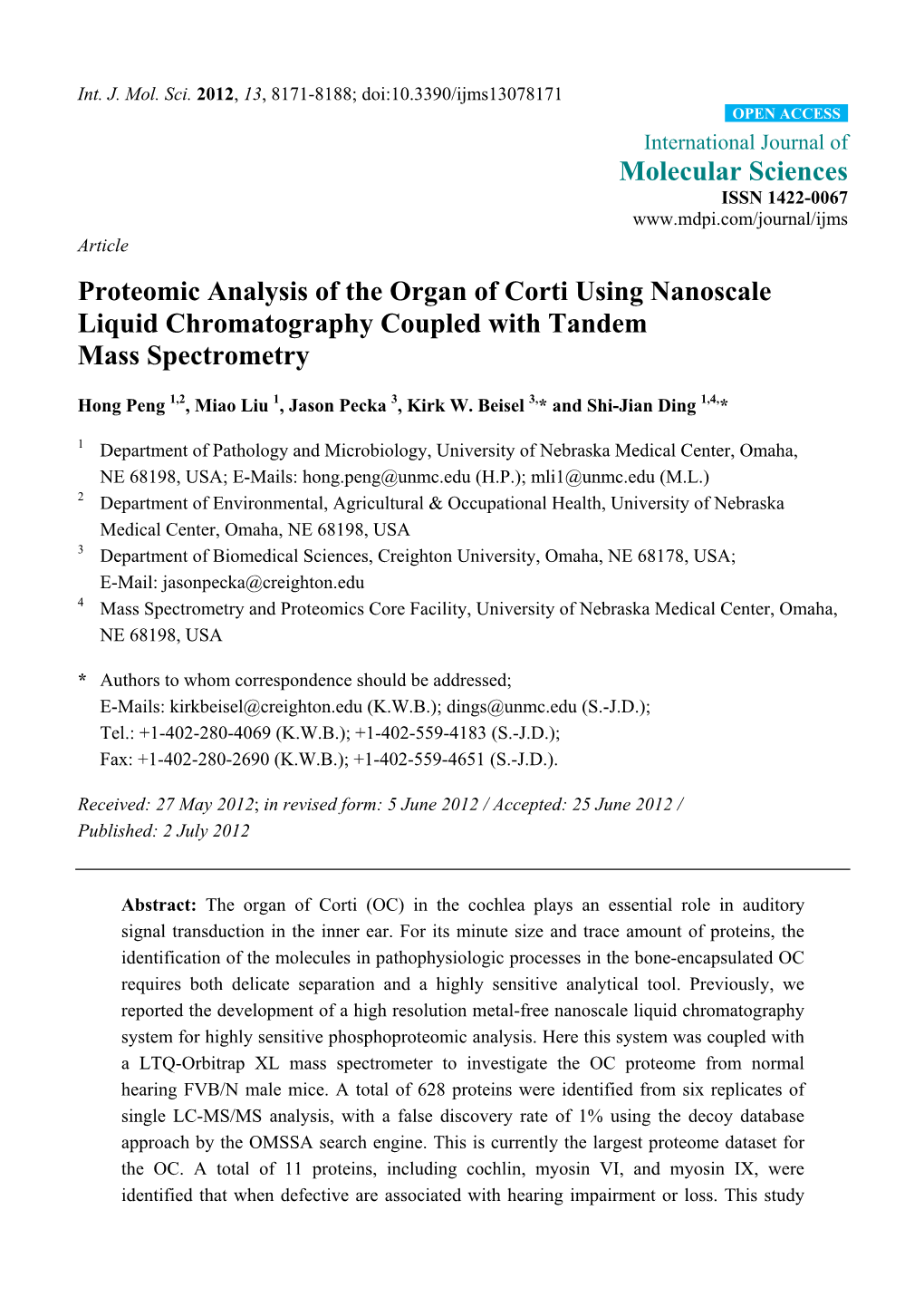 Proteomic Analysis of the Organ of Corti Using Nanoscale Liquid Chromatography Coupled with Tandem Mass Spectrometry