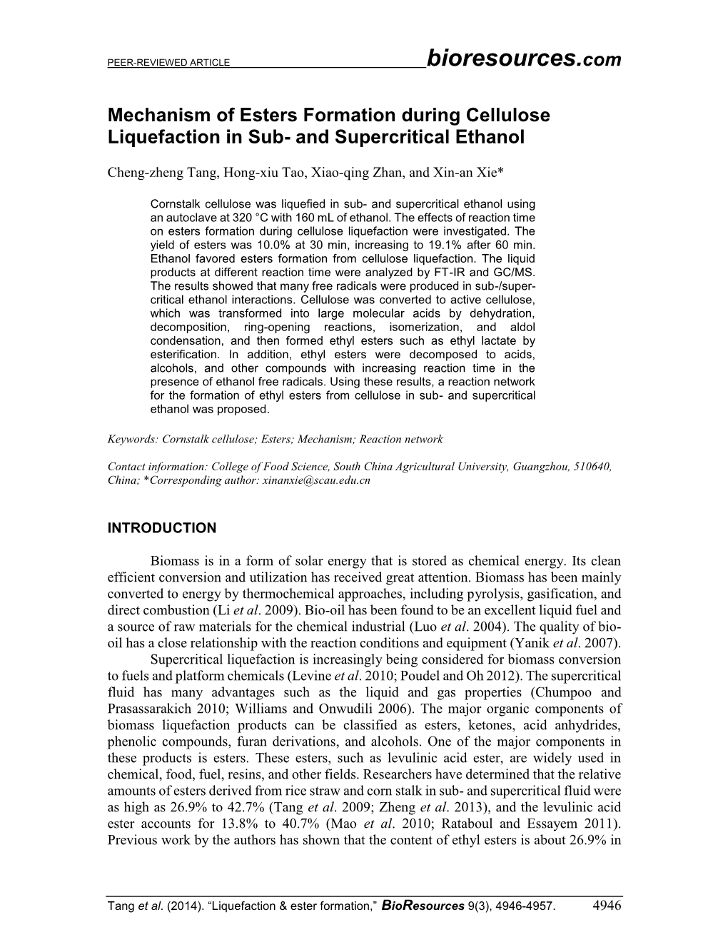 Mechanism of Esters Formation During Cellulose Liquefaction in Sub- and Supercritical Ethanol