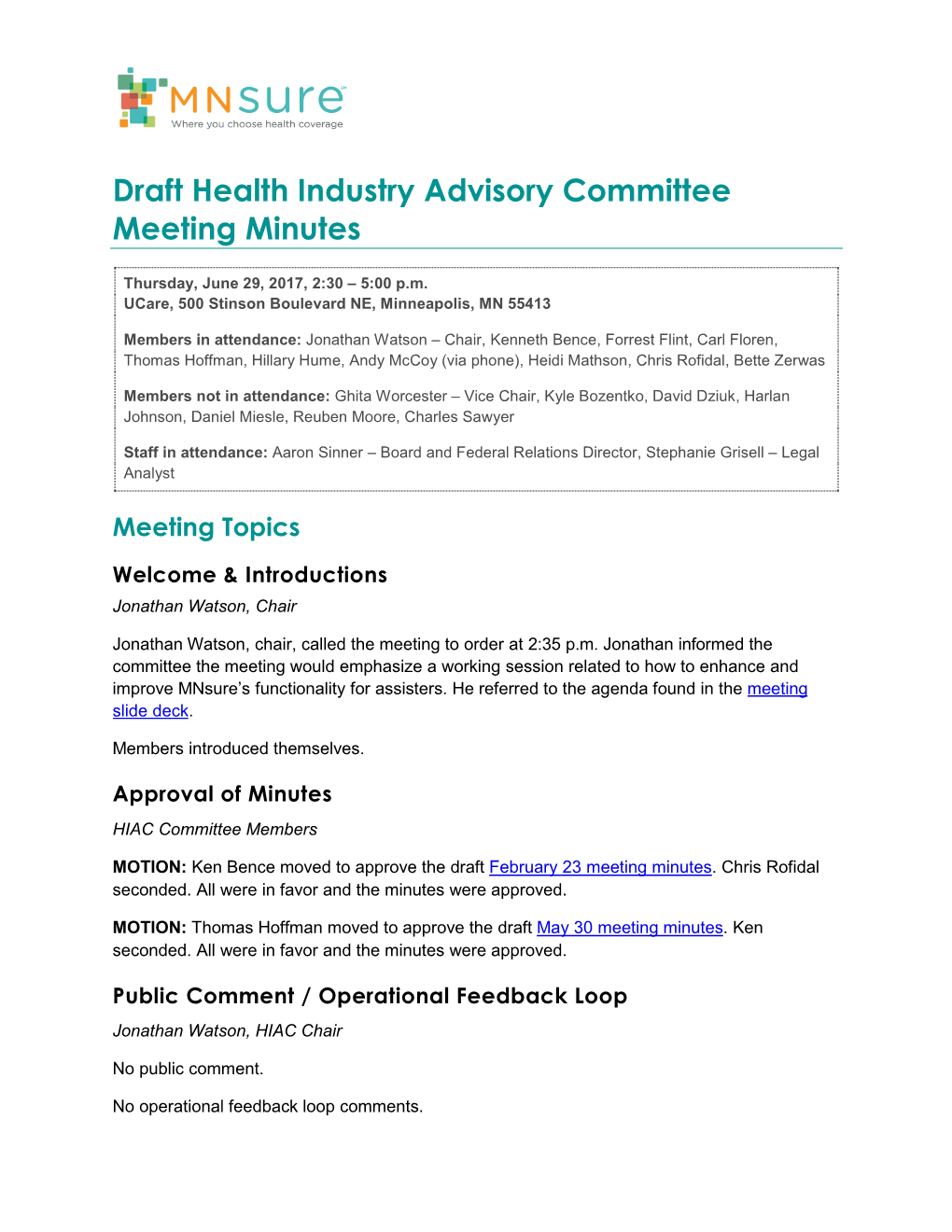 Mnsure Draft Health Industry Advisory Committee Meeting Minutes 6/29/17