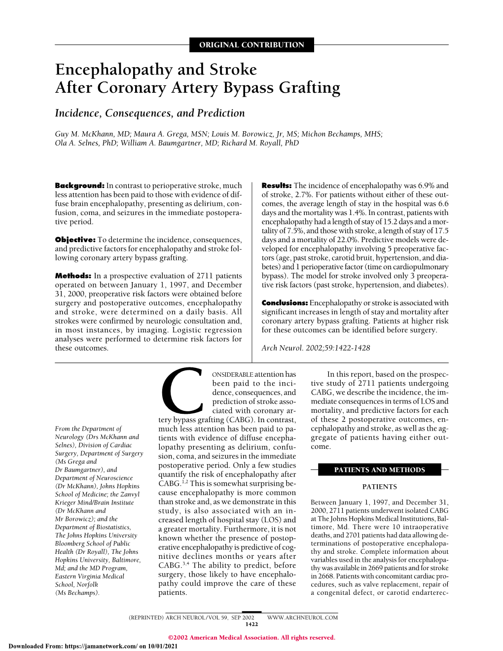 Encephalopathy and Stroke After Coronary Artery Bypass Grafting Incidence, Consequences, and Prediction