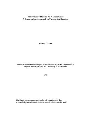 Performance Studies As a Discipline? a Foucauldian Approach to Theory and Practice