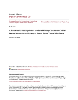 A Parametric Description of Modern Military Culture for Civilian Mental Health Practitioners to Better Serve Those Who Serve