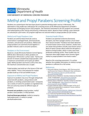 Methyl and Propyl Parabens Screening Profile Parabens Are Contaminants That Have Been Found in Potential Drinking Water Sources in Minnesota