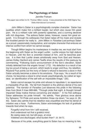 The Psychology of Satan Jennifer Putnam This Paper Was Written for Dr