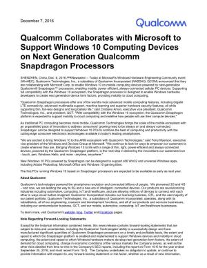Qualcomm Collaborates with Microsoft to Support Windows 10 Computing Devices on Next Generation Qualcomm Snapdragon Processors