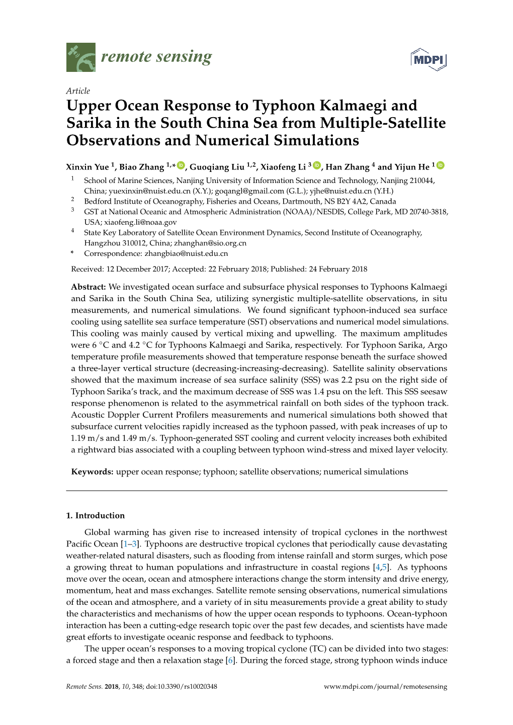 Upper Ocean Response to Typhoon Kalmaegi and Sarika in the South China Sea from Multiple-Satellite Observations and Numerical Simulations
