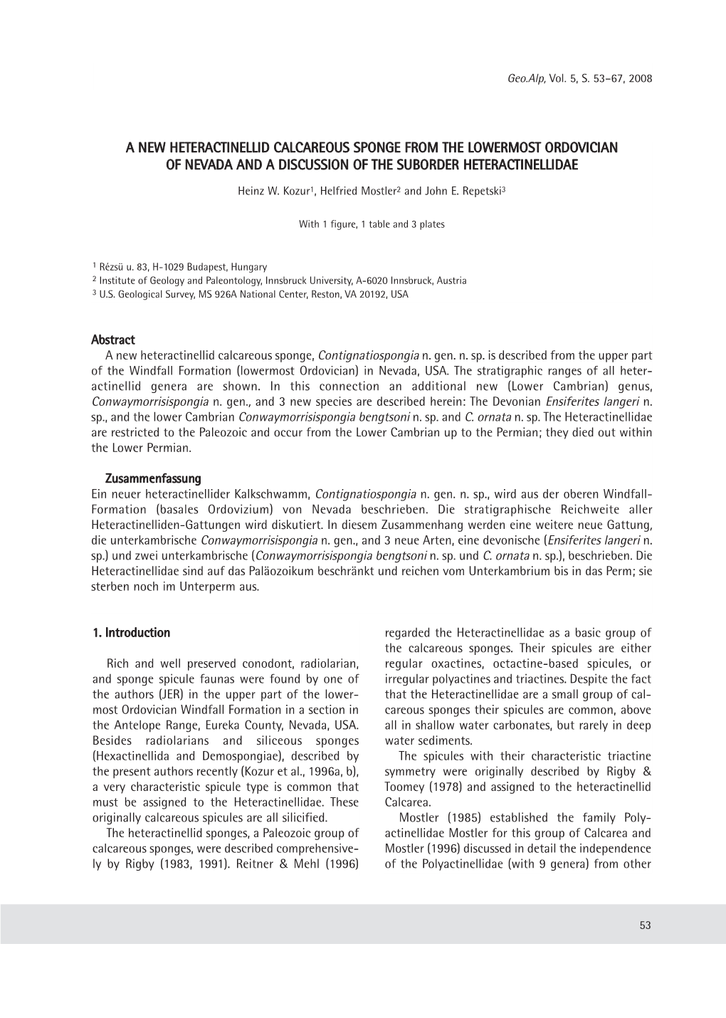 A New Heteractinellid Calcareous Sponge from the Lowermost Ordovician of Nevada and a Discussion of the Suborder Heteractinellidae