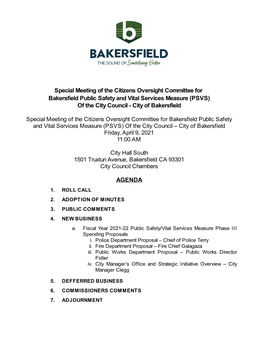 Special Meeting of the Citizens Oversight Committee for Bakersfield Public Safety and Vital Services Measure (PSVS) of the City Council - City of Bakersfield