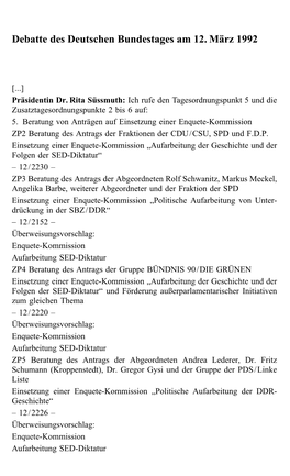 Debatte Des Deutschen Bundestages Am 12. März 1992