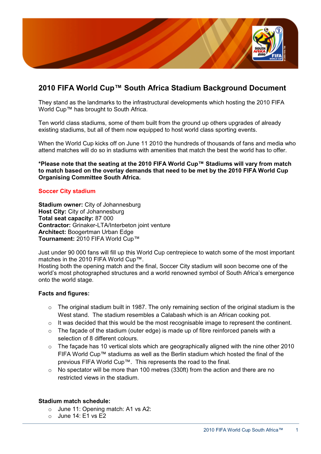 2010 FIFA World Cup™ South Africa Stadium Background Document