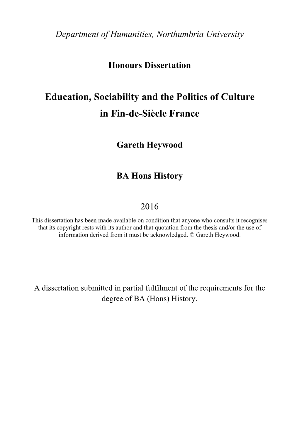 Education, Sociability and the Politics of Culture in Fin-De-Siècle France