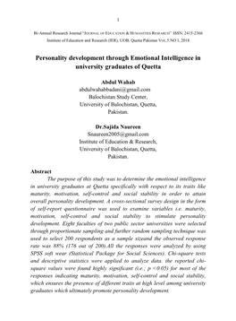Personality Development Through Emotional Intelligence in University Graduates of Quetta