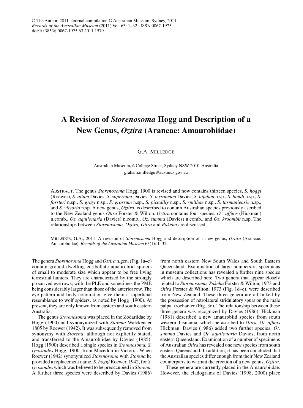 A Revision of Storenosoma Hogg and Description of a New Genus, Oztira (Araneae: Amaurobiidae)