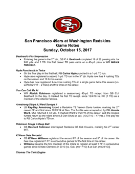 San Francisco 49Ers at Washington Redskins Game Notes Sunday, October 15, 2017