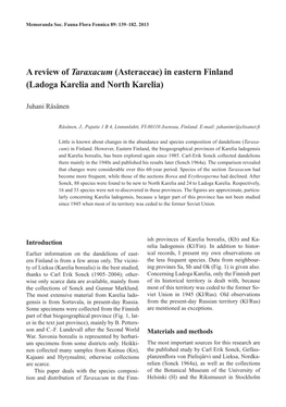 A Review of Taraxacum (Asteraceae) in Eastern Finland (Ladoga Karelia and North Karelia)