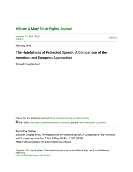 The Hatefulness of Protected Speech: a Comparison of the American and European Approaches