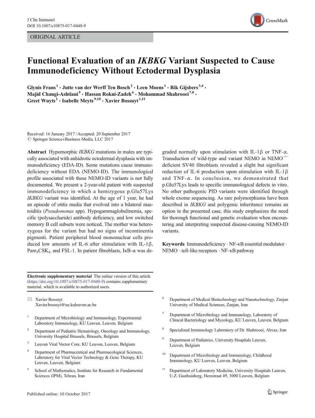 Functional Evaluation of an IKBKG Variant Suspected to Cause Immunodeficiency Without Ectodermal Dysplasia