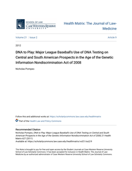 DNA to Play: Major League Baseball's Use of DNA Testing on Central and South American Prospects in the Age of the Genetic Information Nondiscrimination Act of 2008