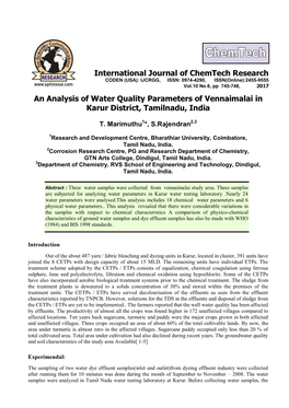 An Analysis of Water Quality Parameters of Vennaimalai in Karur District, Tamilnadu, India