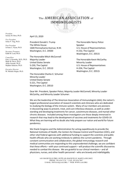 Letter from the American Association of Immunologists April 15, 2020 Page 2 of 3 Fox Jumped Over the Lazy Dog
