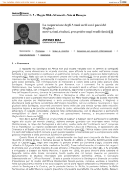 La Cooperazione Degli Atenei Sardi Con I Paesi Del Maghreb: Motivazioni, Risultati, Prospettive Negli Studi Classici[1]