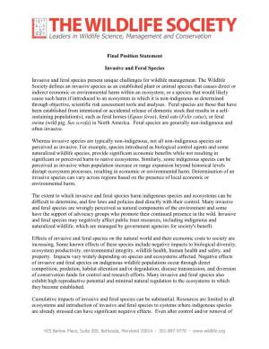 Final Position Statement Invasive and Feral Species Invasive and Feral