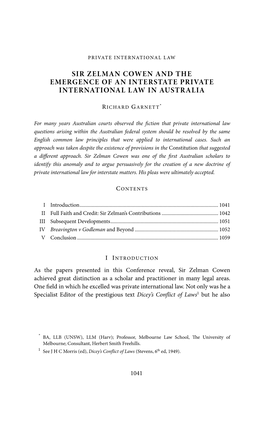 Sir Zelman Cowen and the Emergence of an Interstate Private International Law in Australia