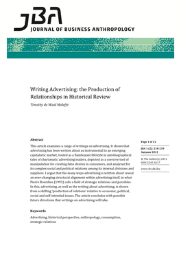 Writing Advertising: the Production of Relationships in Historical Review Timothy De Waal Malefyt