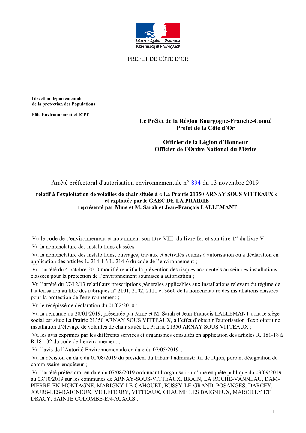 Arrêté Préfectoral Du 13/11/2019 Portant Autorisation D'exploiter Un