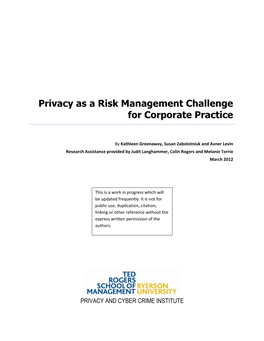 Privacy As a Risk Management Challenge for Corporate Practice