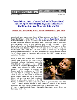 Super Band’ Tour in April; Four Nights at Jazz Standard Are Confirmed, As Are Shows in D.C