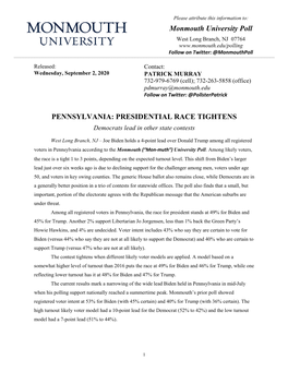 Monmouth University Poll PENNSYLVANIA: PRESIDENTIAL RACE TIGHTENS