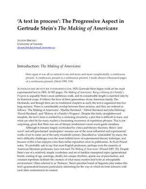 The Progressive Aspect in Gertrude Stein's the Making of Americans