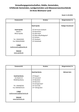 Verwaltungsgemeinschaften, Städte, Gemeinden, Erfüllende Gemeinden, Landgemeinden Und Abwasserzweckverbände Im Kreis Weimarer Land