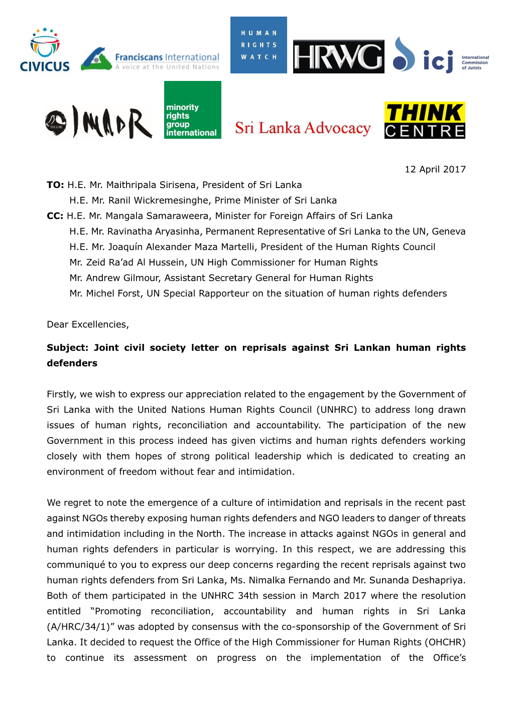 Joint Civil Society Letter on Reprisals Against Sri Lankan Human Rights Defenders