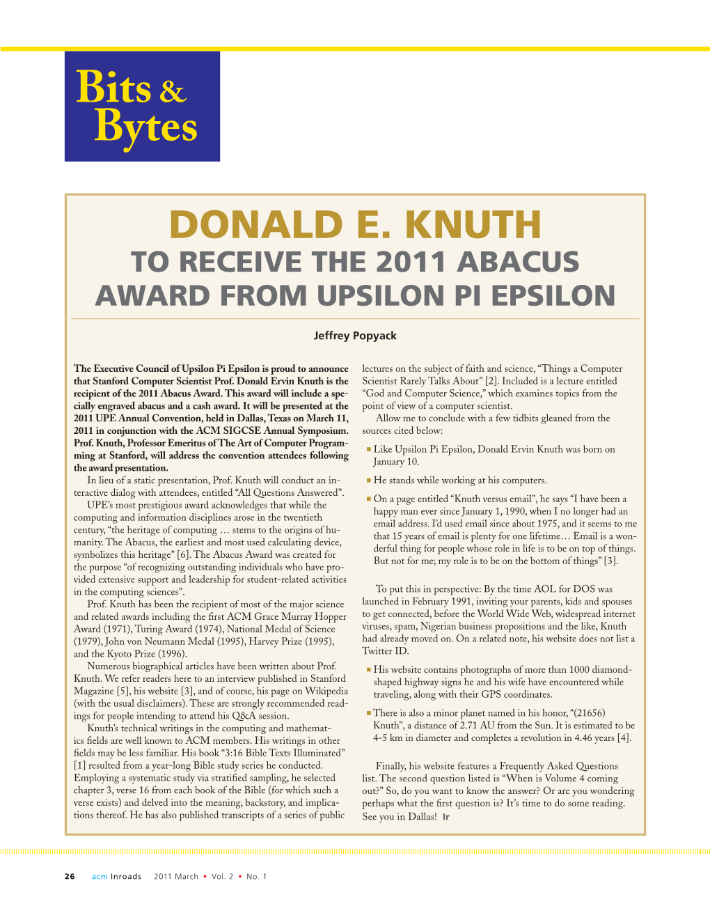 Donald Knuth to Receive the 2011 Abacus Award from Upsilon Pi Epsilon